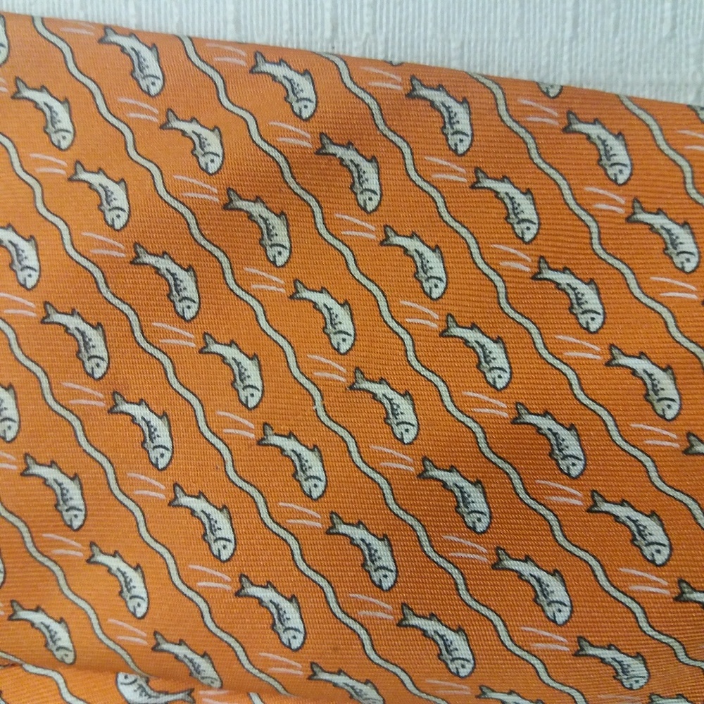 Hermès orange silk necktie 5170 IA leaping fish - Picture 3 of 5